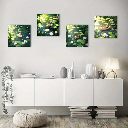 4pcs Lotus Pond Swimming Duckling Wall Art Canvas Framed