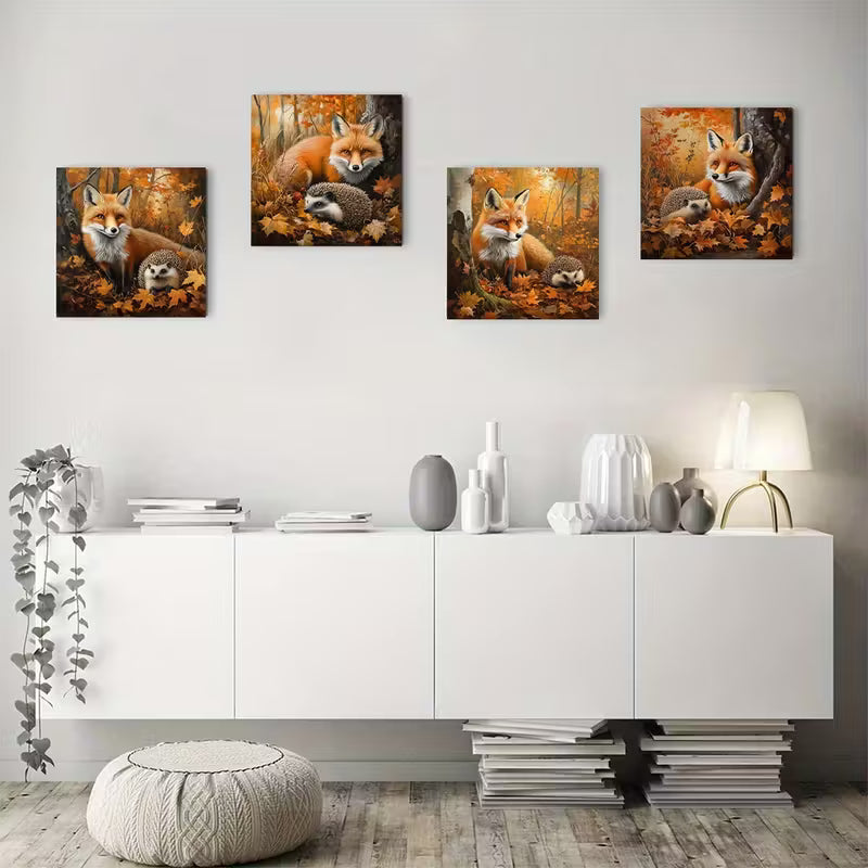 4pcs Cute Picture Of Fox Hedgeho  Wall Art Canvas Framed