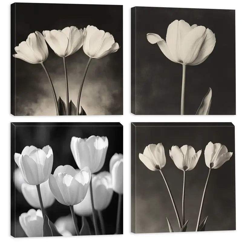 4pcs Black and White Floral Photography Wall Art Canvas Framed