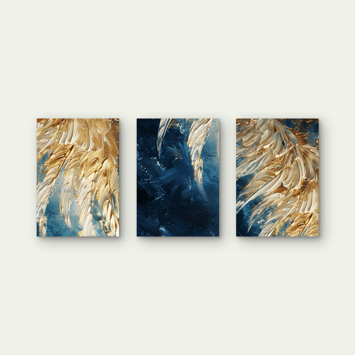 3pcs Navy Blue Gold Foil Feather Abstract Wall Art Set Canvas Framed 40x60cm - High Quality Print 100% Australian Made Wall Canvas Ready to Hang