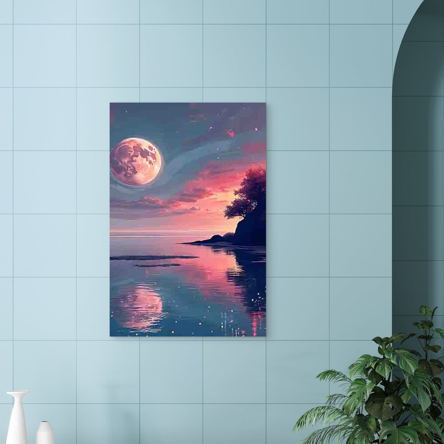 Pink and Purple Sky with Large Full Moon 60x90cm Metal Print Ready to Hang - Bella Home Decor