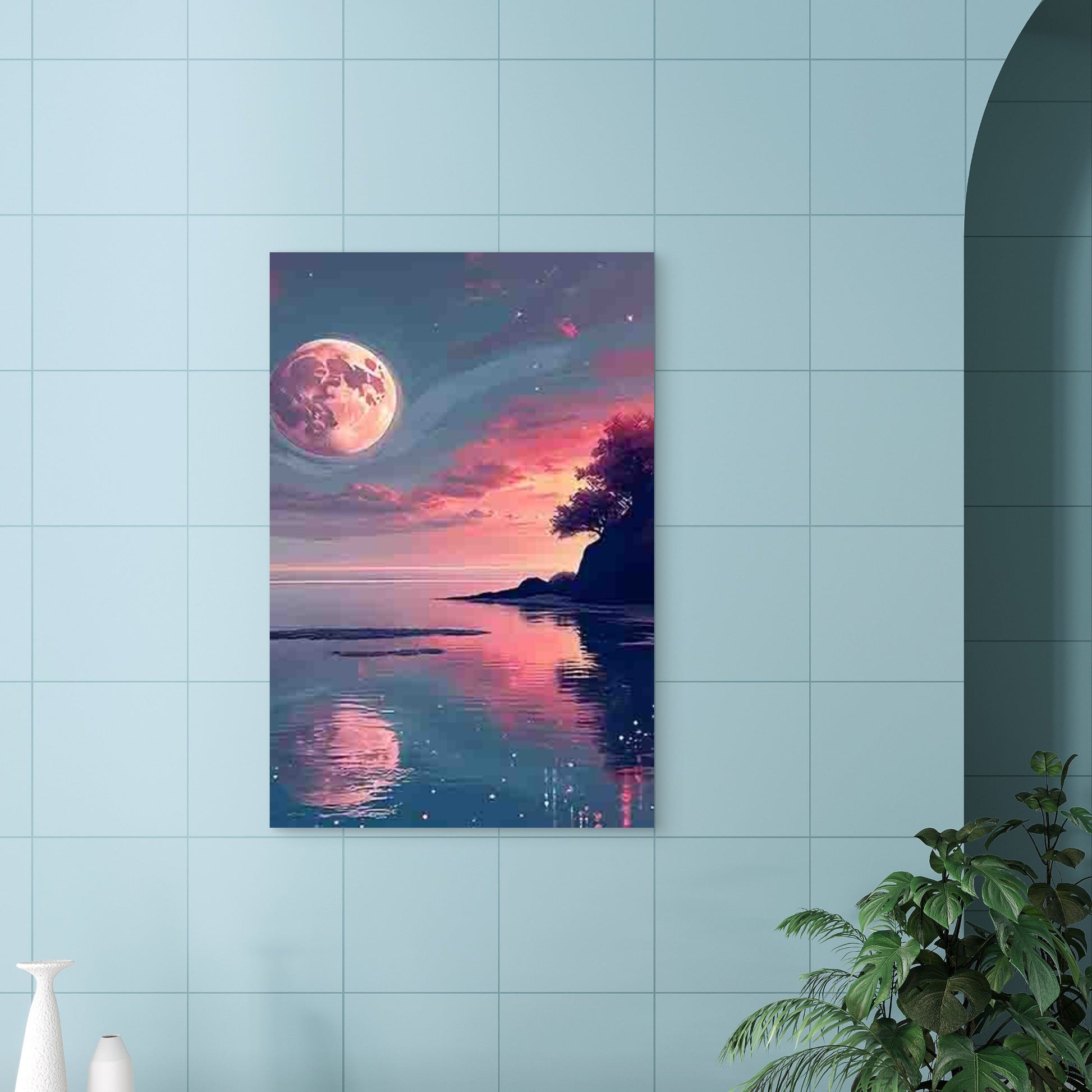 Pink and Purple Sky with Large Full Moon 60x90cm Metal Print Ready to Hang - Bella Home Decor