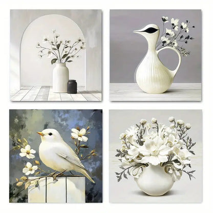 4pcs White Farmhouse Bouquet Wall Art Canvas Framed