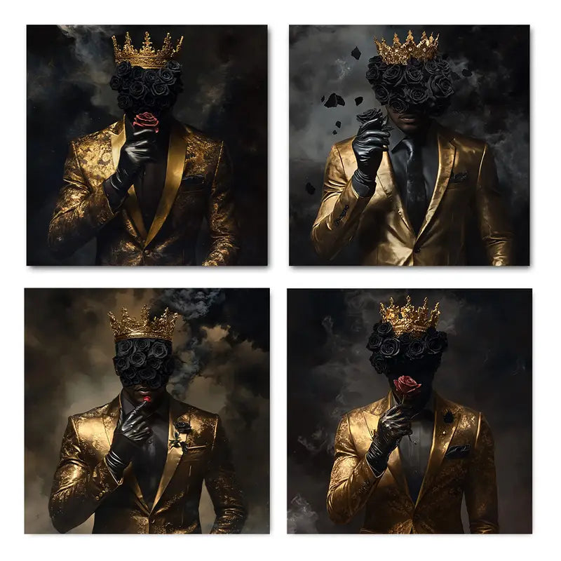 4pcs African American Fashion Crown & Roses Wall Art Canvas Framed