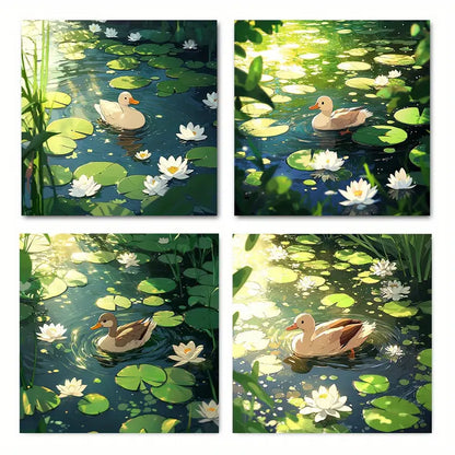 4pcs Lotus Pond Swimming Duckling Wall Art Canvas Framed