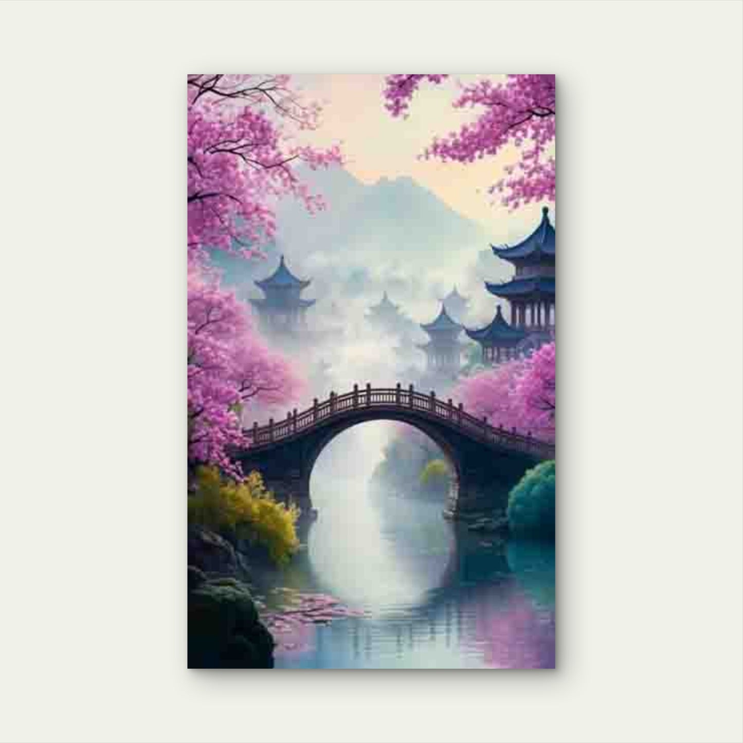 Cherry Blossom and Ancient Bridge Scenery 60x90cm Metal Print Ready to Hang