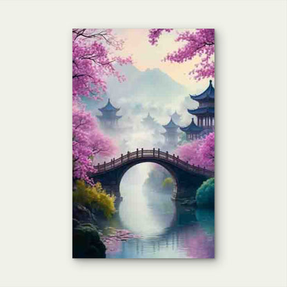 Cherry Blossom and Ancient Bridge Scenery Metal Print Ready to Hang