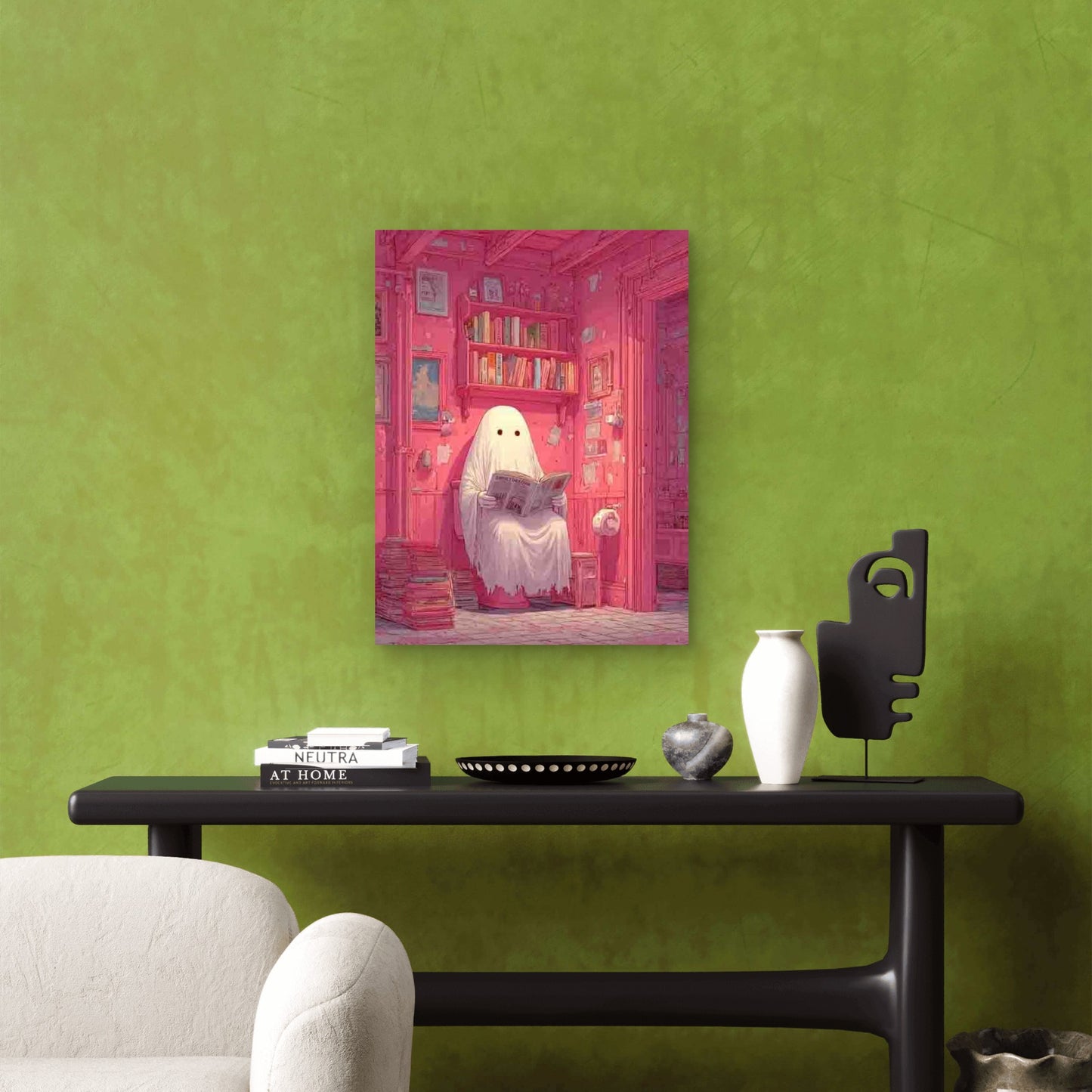Spooky Cute Ghost Reading on Toilet 60x90cm Metal Print Ready to Hang