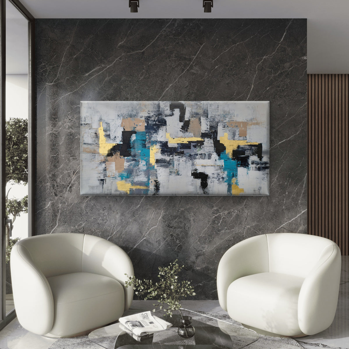 Teal Gold Palette Abstract Wall Art Canvas Office Home Room Framed 120x60cm
