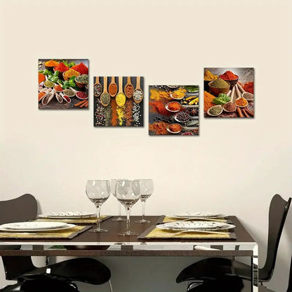 4pcs Vibrant Spice & Wooden Spoon Wall Art Canvas Framed
