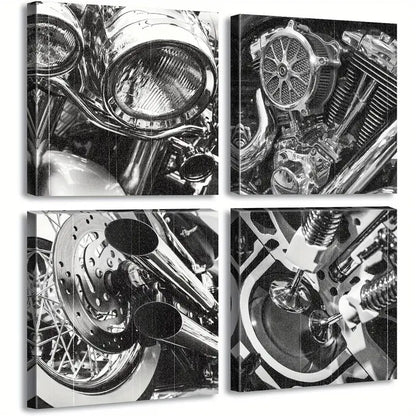 4pcs Black And White Motorcycle Wall Art Wall Art Canvas Framed