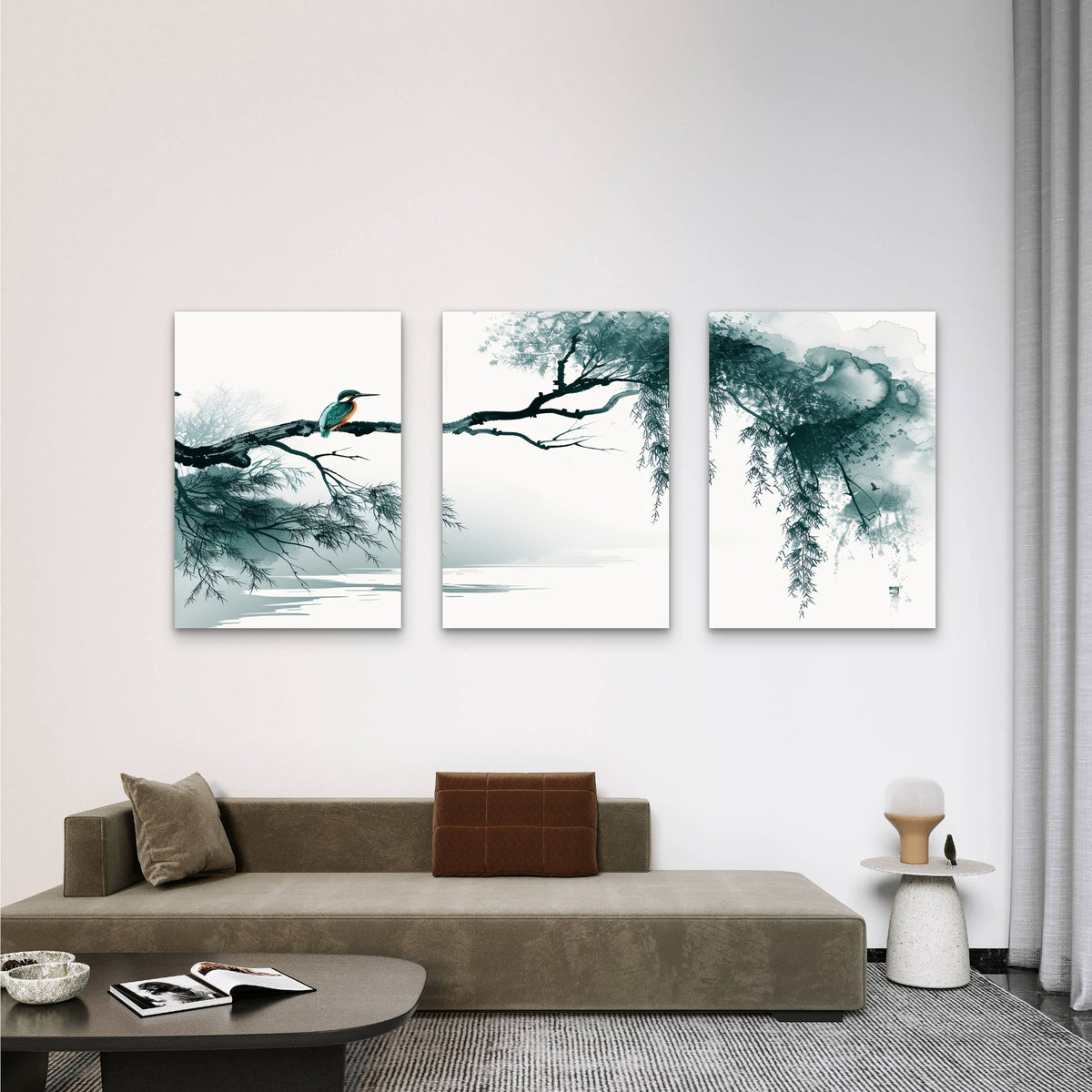 3pcs Kingfisher Bird Japanese Ink Wash Wall Art Set Canvas Framed 40x60cm - High Quality Print 100% Australian Made Wall Canvas Ready to Hang