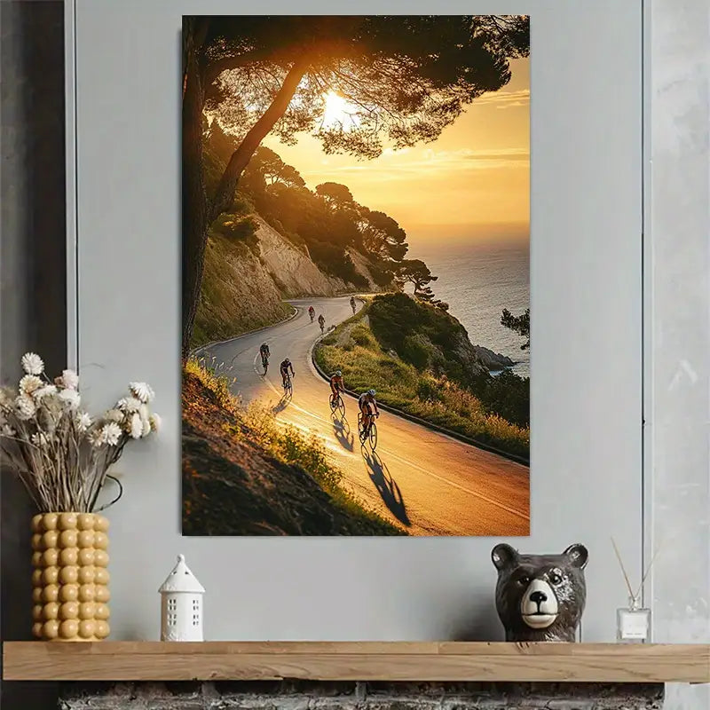 Coastal Road Bike Sunset Scene Art Poster 40x60cm Metal Print Ready to Hang