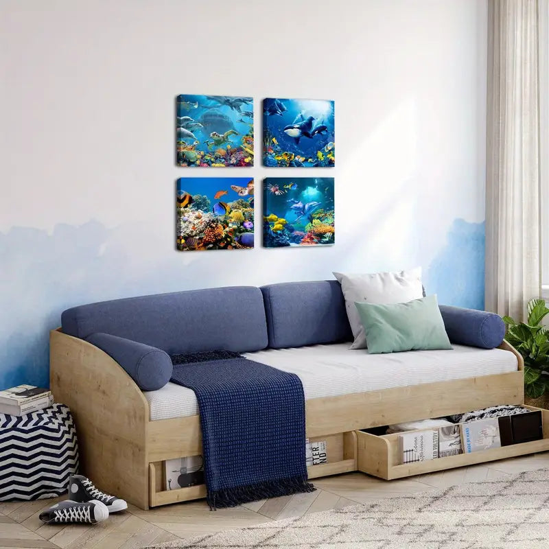 4pcs Marine Animals  Dolphin Pictures   Wall Art Canvas Framed