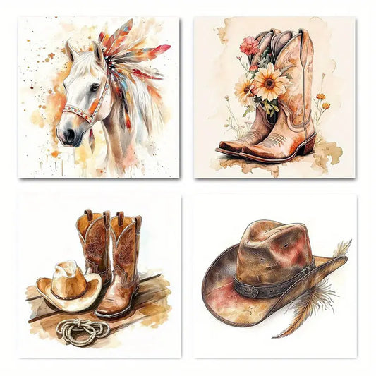 4pcs Vintage Cowgirl Boots And Horse Country Wall Art Canvas Framed