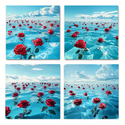 4pcs   Sea Rose Room Decor Home HJ      Wall Art Canvas Framed