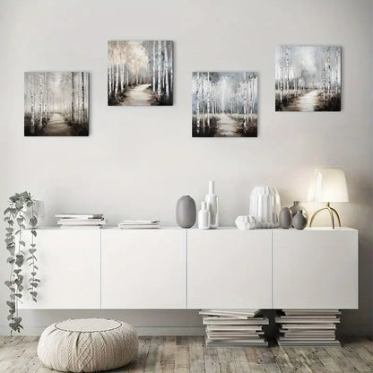 4pcs Gray Birch Forest Poster Modern Wall Art Canvas Framed