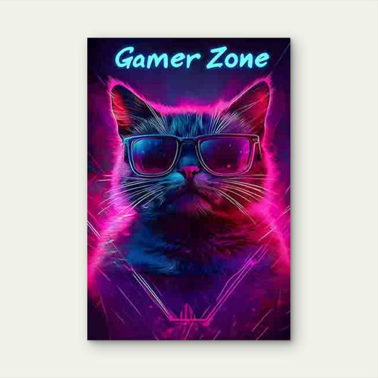 Cat Design Wearing Cool Glasses, Surrounded by Neon Light  60x90cm Metal Print Ready to Hang - Bella Home Decor