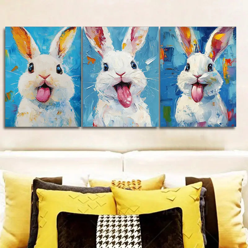 3pcs Paintings Featuring Rabbits Blue Paintings Metal Print Ready to Hang Art