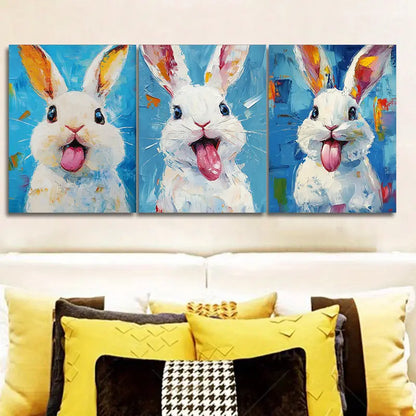 3pcs Paintings Featuring Rabbits Blue Paintings Metal Print Ready to Hang Art