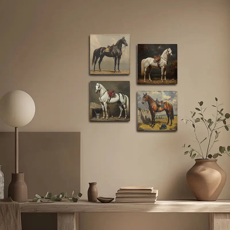 4pcs Horse Black,White And Brown Wall Art Canvas Framed