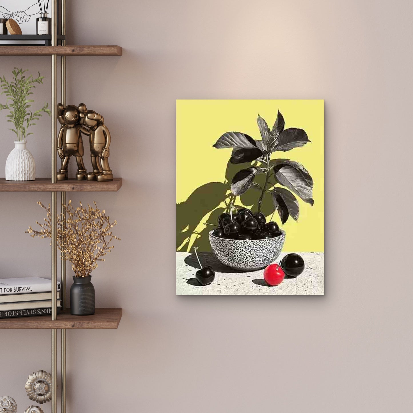 Cherry Artwork, Monochrome Art 60x90cm Metal Print Ready to Hang