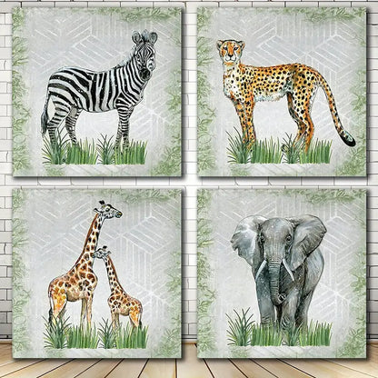 4pcs Retro Elephant With Zebra Green Plants Wall Art Canvas Framed