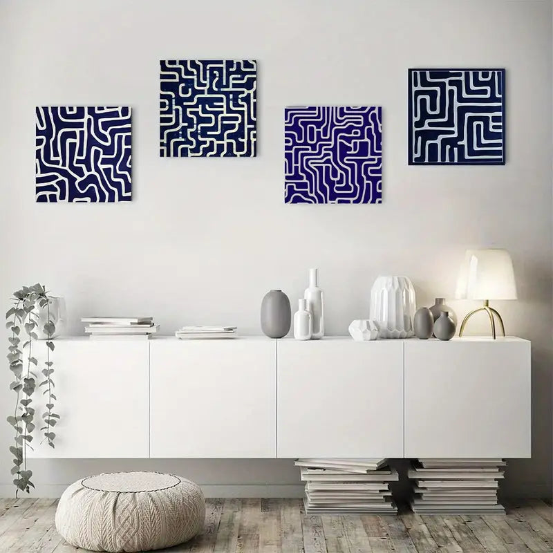 4pcs  Modern Navy Blue White Abstract  ew  Wall Art Canvas Framed