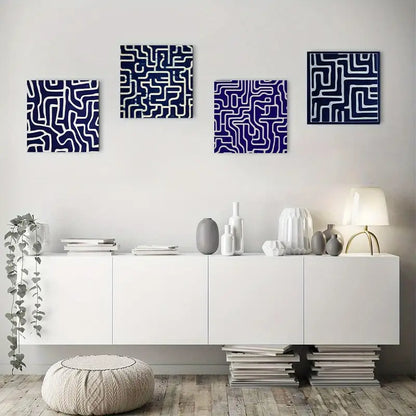 4pcs  Modern Navy Blue White Abstract  ew  Wall Art Canvas Framed