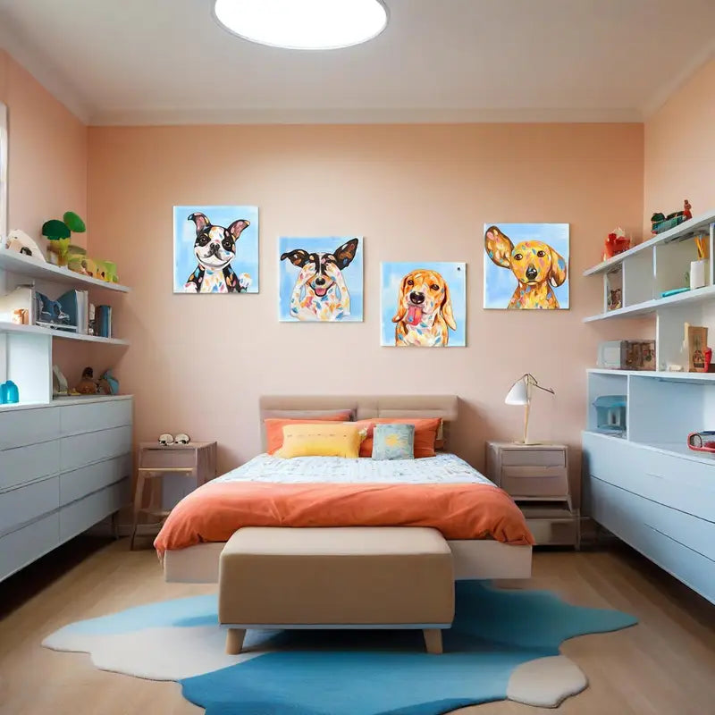 4pcs Playful Dog Paintings With Colorful Splatte Wall Art Canvas Framed