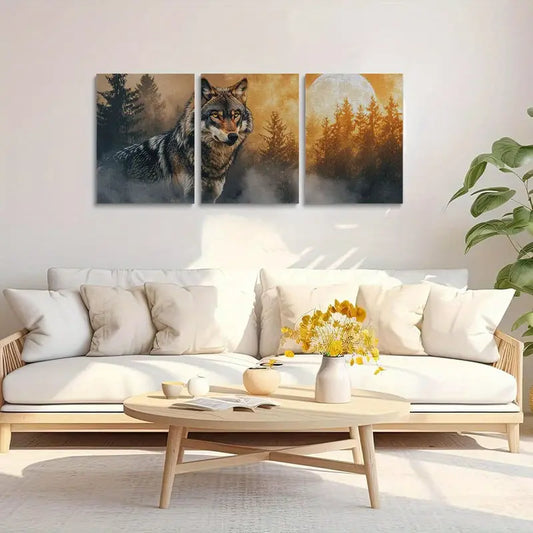 3pcs Piercing Yellow Eyes, Misty Forest & Moonlit Sky Design Metal Print Ready to Hang Art