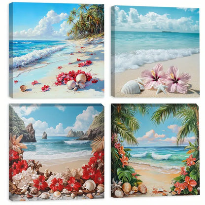 4pcs Ocean Waves With colorful Flowers Wall Art Canvas Framed