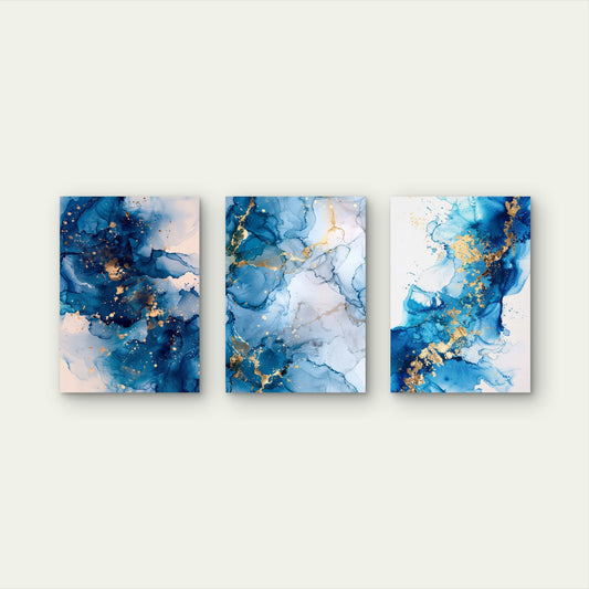 3pcs Abstract Blue Navy Alcohol Ink Fluid Wall Art Set Canvas Framed 50x70cm - High Quality Print 100% Australian Made Wall Canvas Ready to Hang