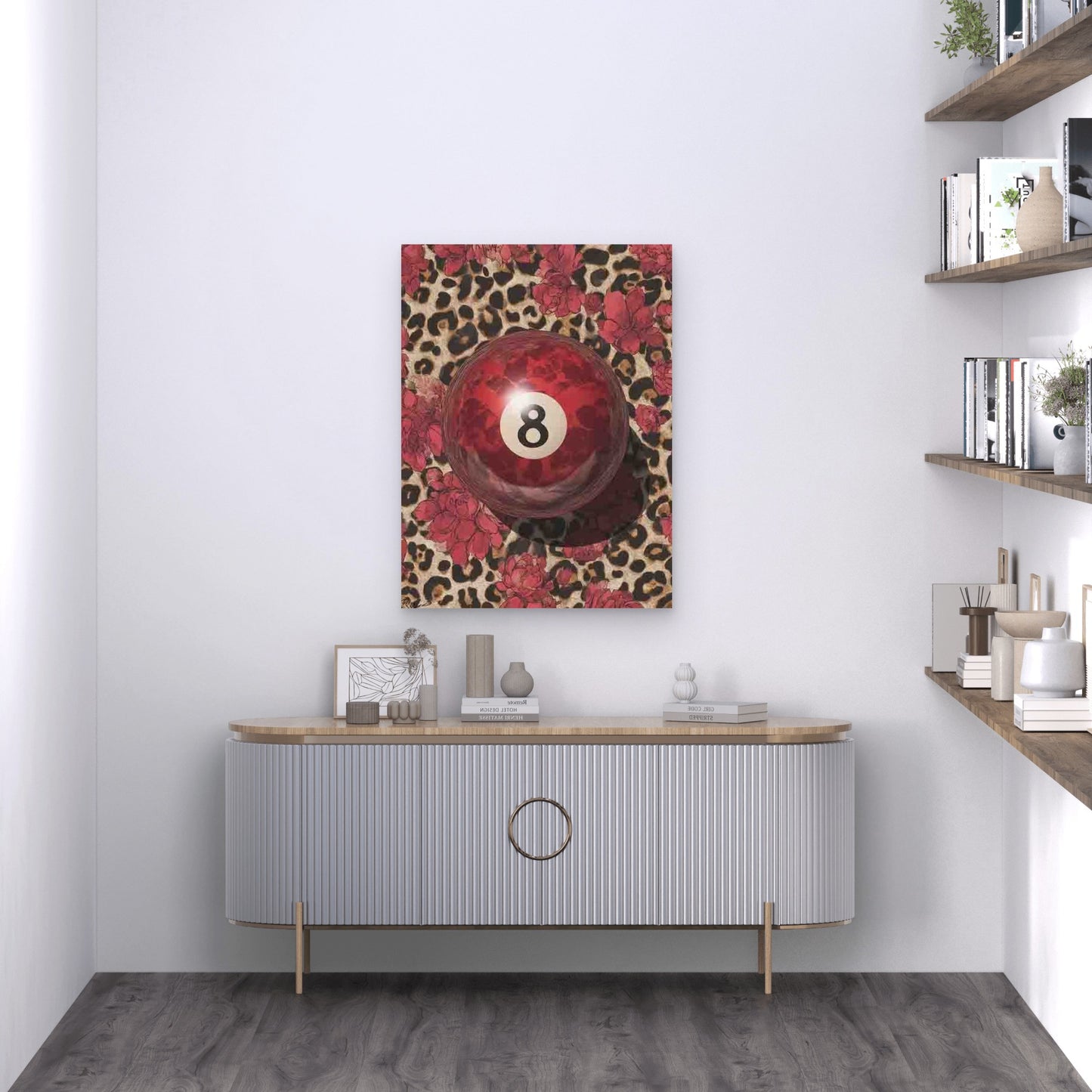 Featuring a Lucky 8 Ball with a Red Leopard Print 60x90cm Metal Print Ready to Hang