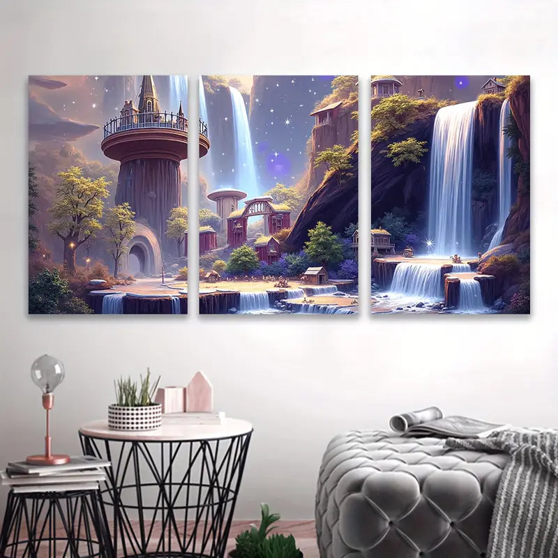 3pcs Fantasy Waterfall Forest Landscape Scene Wall Art Set Canvas Framed 60x90cm - High Quality Print 100% Australian Made Wall Canvas Ready to Hang