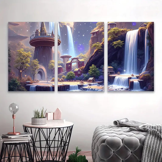 3pcs Fantasy Waterfall Forest Landscape Scene Wall Art Set Canvas Framed 60x90cm - High Quality Print 100% Australian Made Wall Canvas Ready to Hang