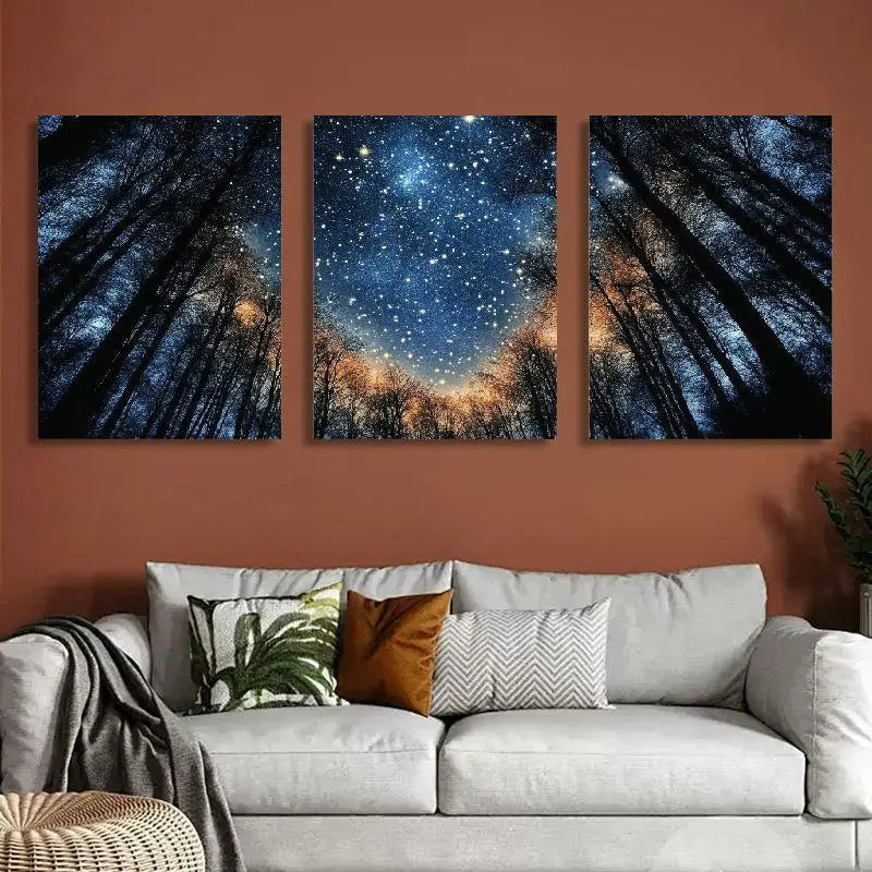 3pcs Starry Night Forest Silhouette Blue & Golden Nature Metal Print Ready to Hang Art