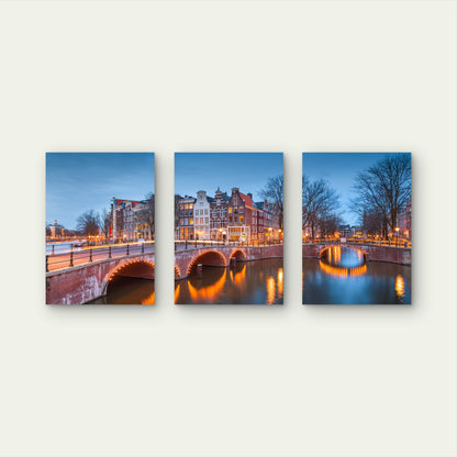 3pcs Amsterdam Canal Bridges at Night Wall Art Set Canvas Framed 60x90cm - High Quality Print 100% Australian Made Wall Canvas Ready to Hang