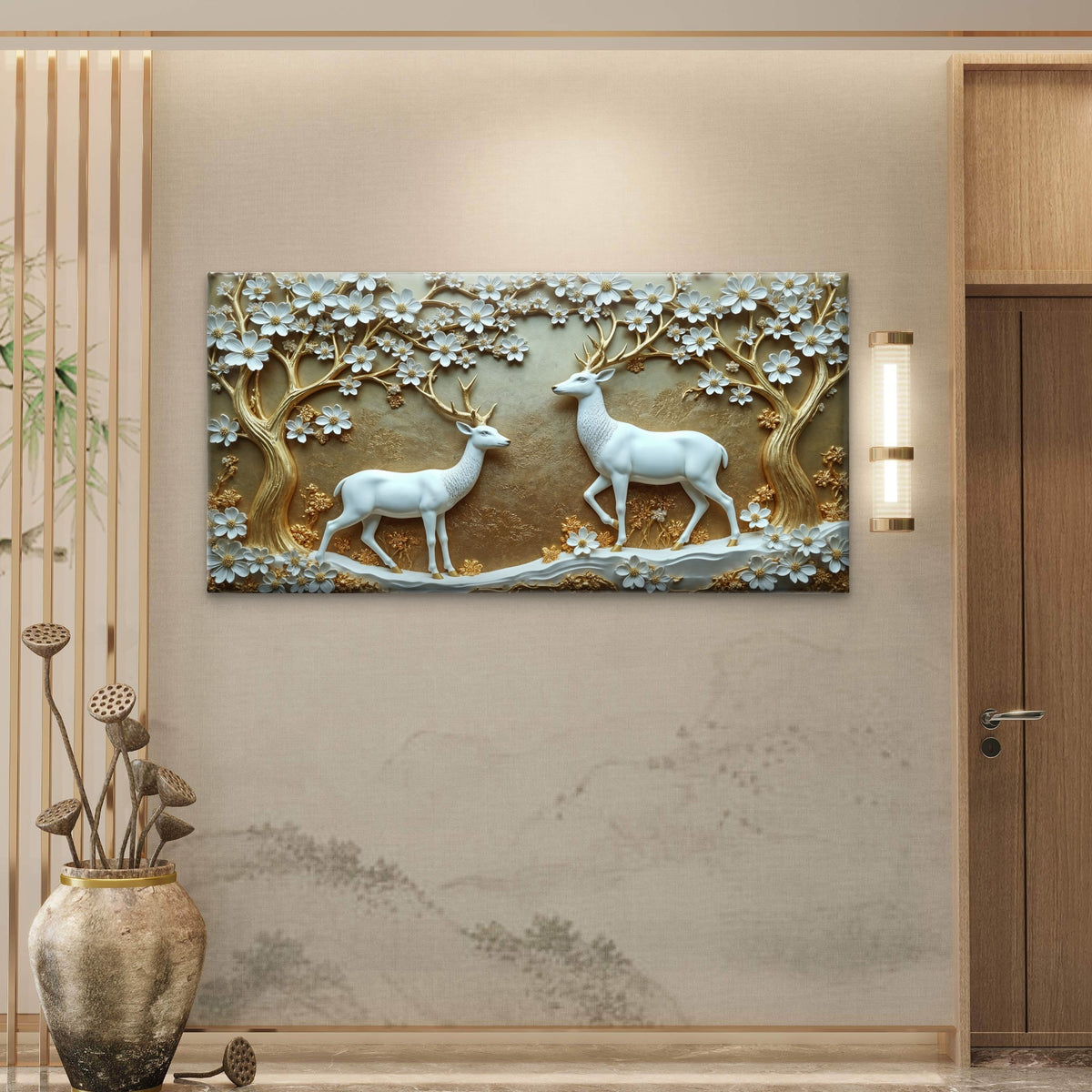 White Deer Gold Blossom Wall Art Canvas Office Home Room Framed 120x60cm
