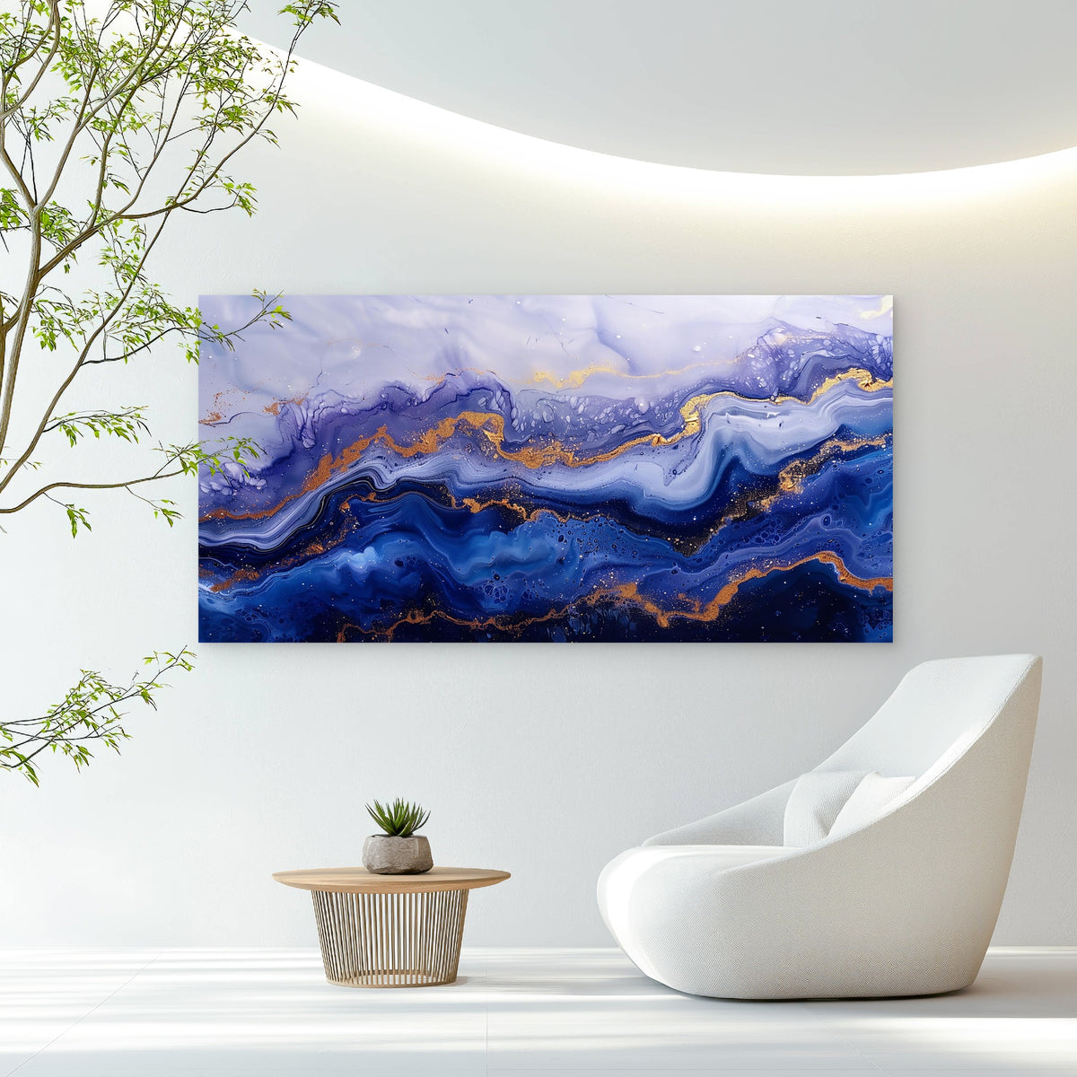 Ethereal Indigo Gilded Fluid Wall Art Canvas Office Home Room Framed 120x60cm