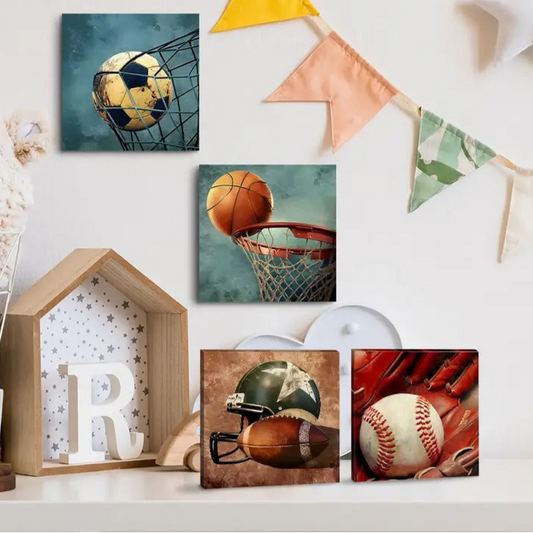 4pcs Rustic Football Baseball Basketball Soccer Wall Art Canvas Framed