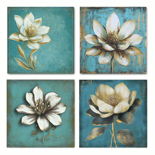 4pcs Vintage White Flower  Wall Art Canvas Framed