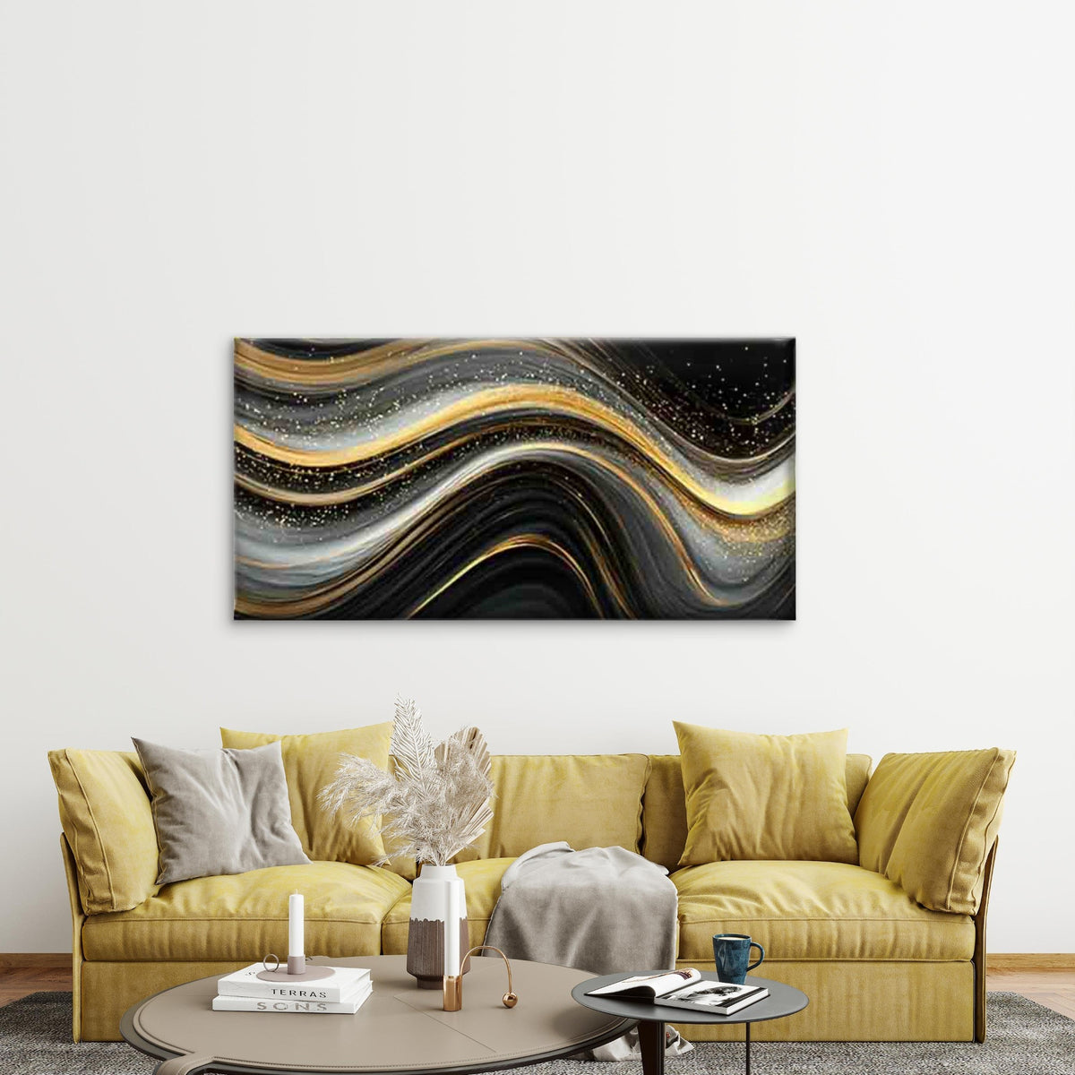 Liquid Flow Black & Golden Wall Art Canvas Office Home Room Framed 120x60cm