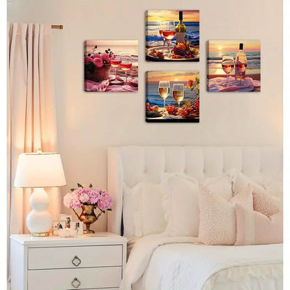 4pcs Wine Glass Still Life Fruit Goblet Sea Wall Art Canvas Framed