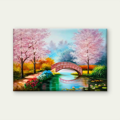 Pink Blossom Bridge Over the Lake Wall Art Decor 100% Australian Made