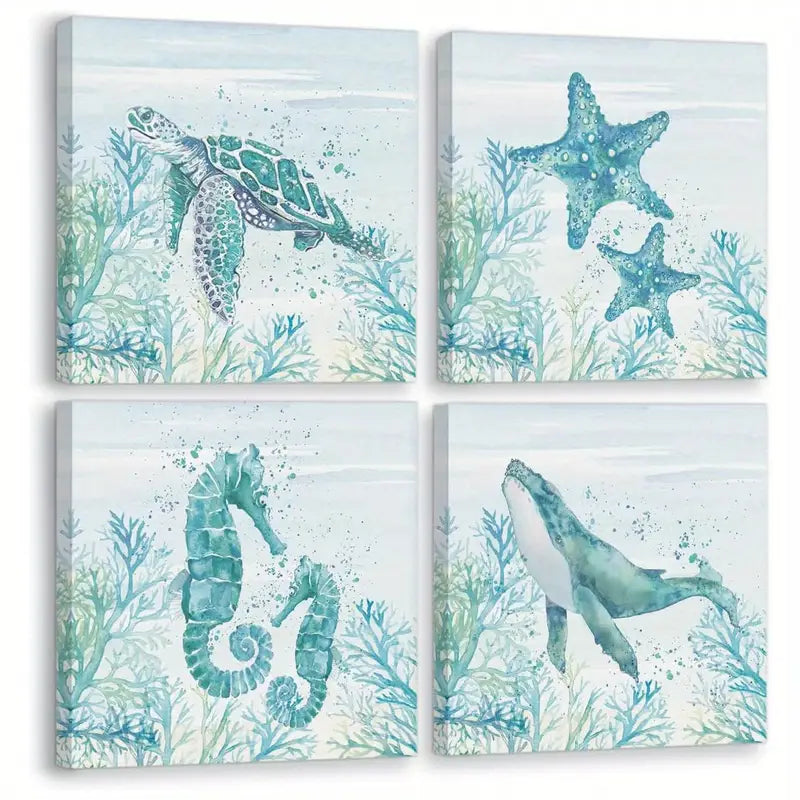 4pcs Marine Life Themed Turtle,Dolphin,Seahors Wall Art Canvas Framed