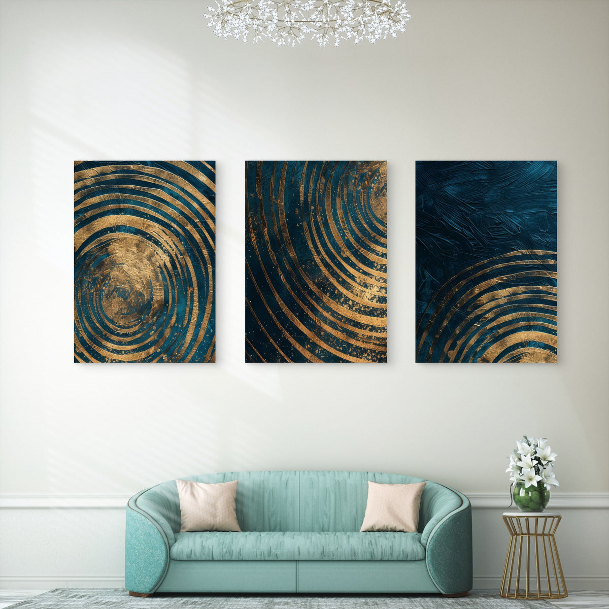 3pcs Teal Gold Abstract Spiral Rings Metal Print Ready to Hang Art