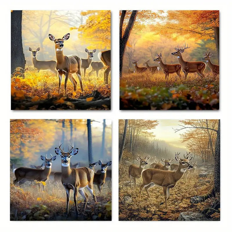4pcs Rustic Deer Wildlife Animal Art Forest Wall Art Canvas Framed
