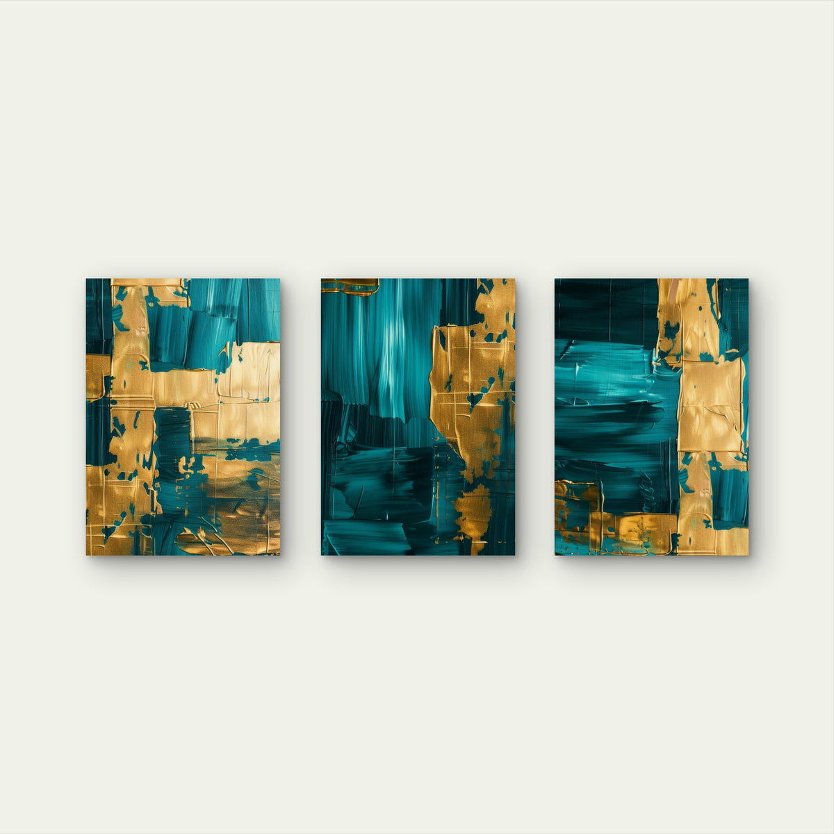 3pcs Abstract Teal Deep Turquoise Gold Wall Art Set Canvas Framed 50x70cm - High Quality Print 100% Australian Made Wall Canvas Ready to Hang