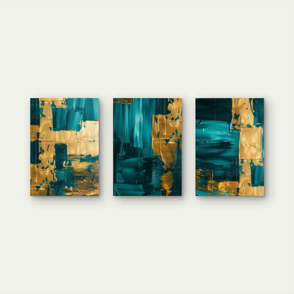3pcs Abstract Teal Deep Turquoise Gold Wall Art Set Canvas Framed 50x70cm - High Quality Print 100% Australian Made Wall Canvas Ready to Hang